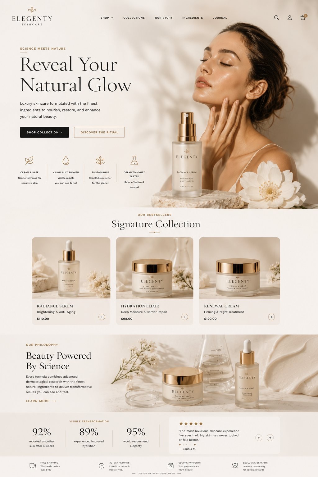 Elegenty luxury skincare e-commerce store designed by Rays Developer