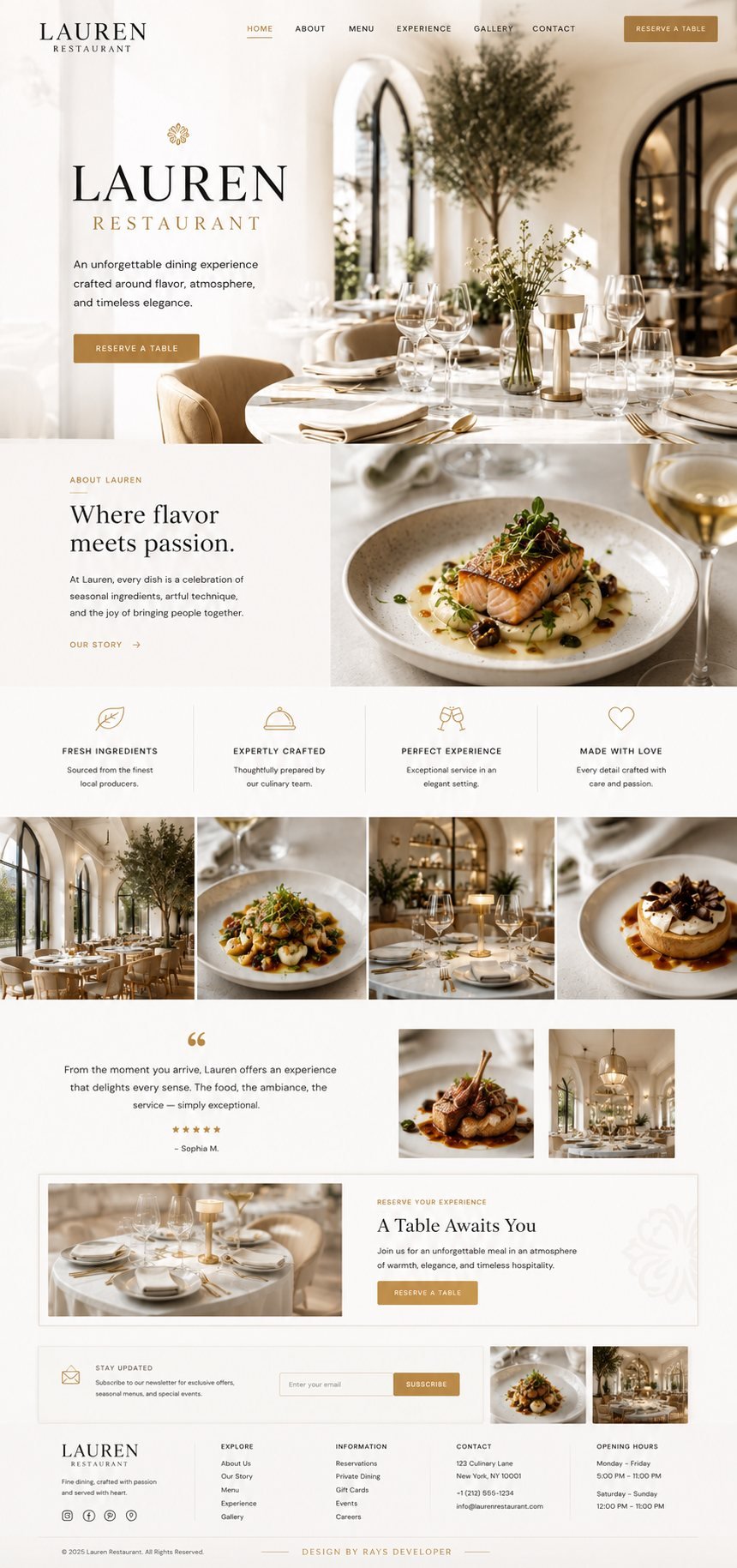 Lauren fine-dining restaurant website designed by Rays Developer