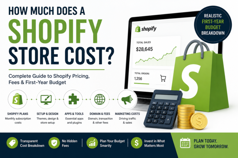 Shopify store cost comparison showing pricing plans, setup, apps, fees, and first-year budget