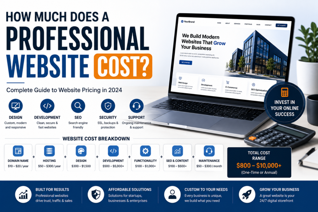 Professional website cost comparison showing website design, development, SEO, and business website pricing