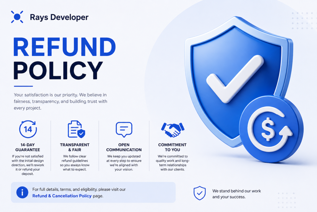 Refund policy — Rays Developer provides custom design and digital services.