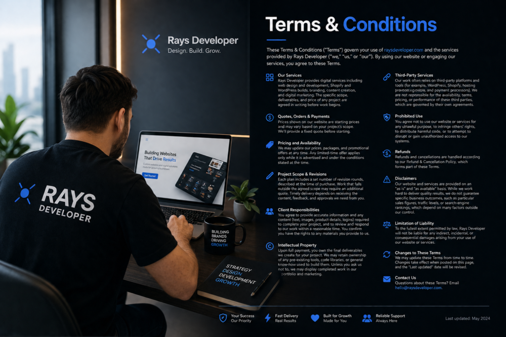 Rays Developer Terms & Conditions page featuring a professional web design agency workspace with website development, Shopify, WordPress, branding, and digital marketing services.