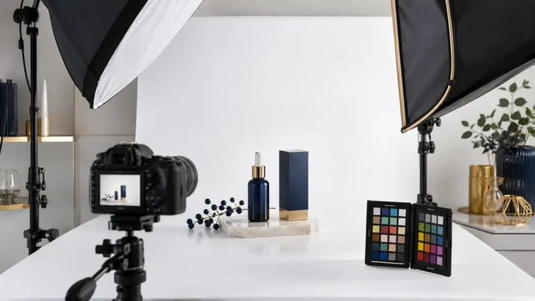 Amazon product photography studio with camera, softboxes, and unbranded skincare product