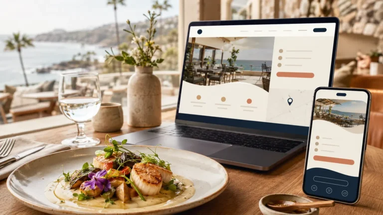 Restaurant website design displayed on laptop and phone beside a plated dish
